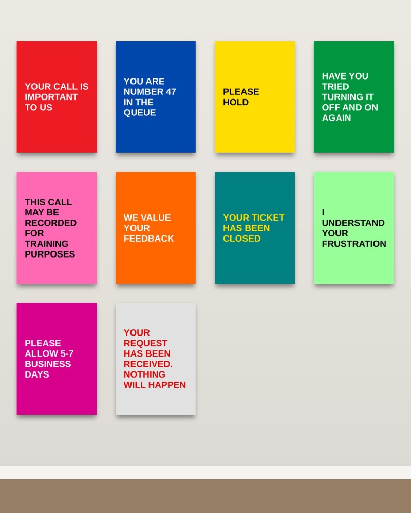 Service Level by Johnny Ramstedt, 2026: ten deadpan customer-service text works, each 50 x 70 cm